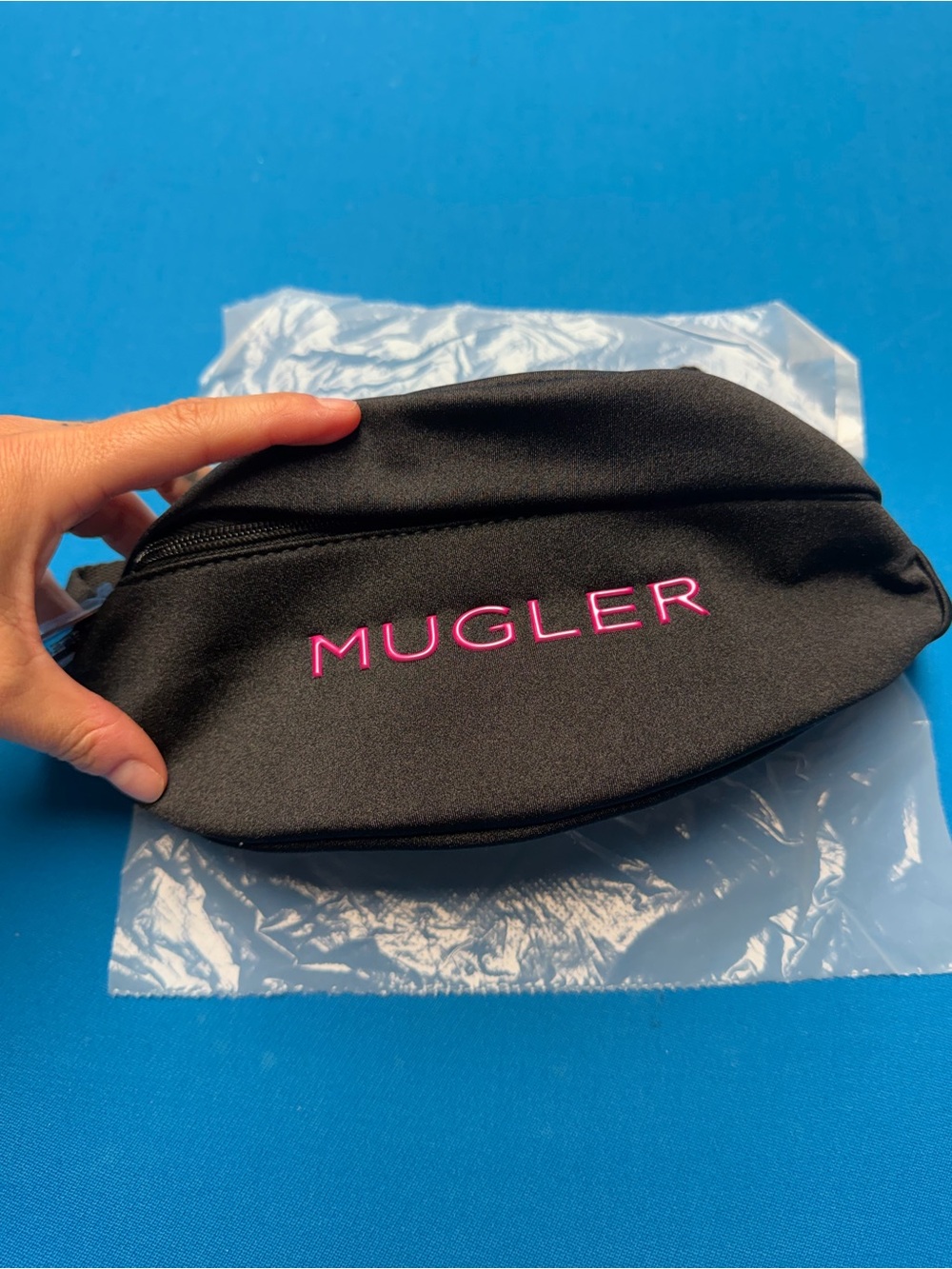Mugler Black Belt Bag with Pink Embroidered Logo